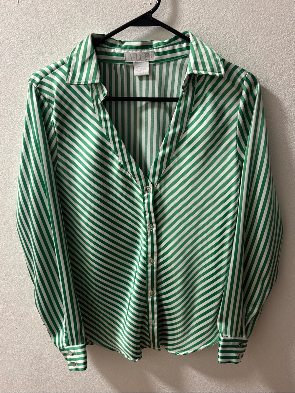 Green & White Striped Silk Button-Up Blouse size L, Non Iron brand LIFE